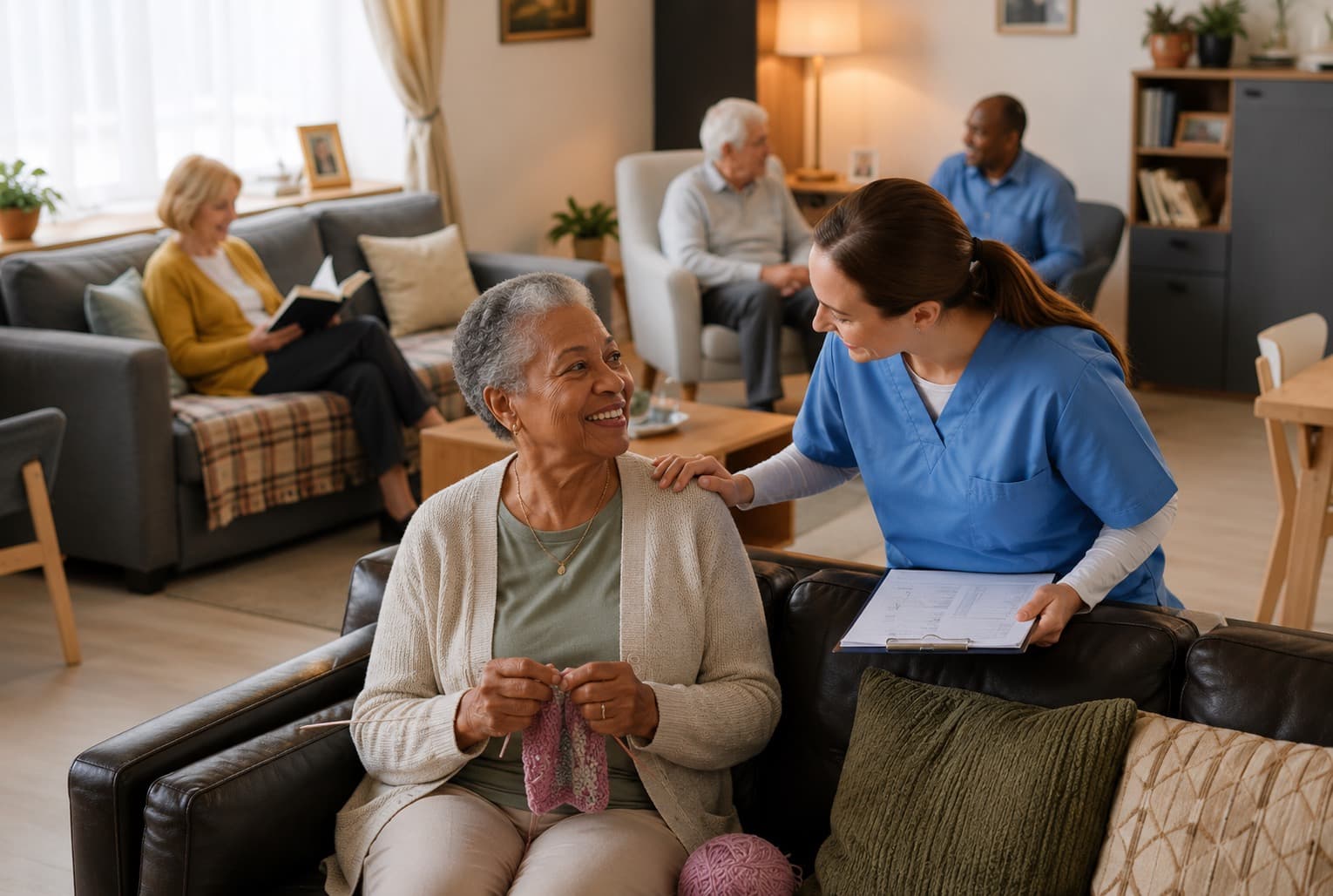 A care worker holding a clipboard talking with an older woman knitting in a care home lounge.
